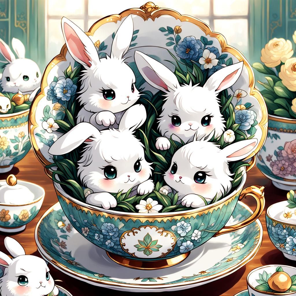 Baby Bunnies in Teacups: Anime-Inspired Art