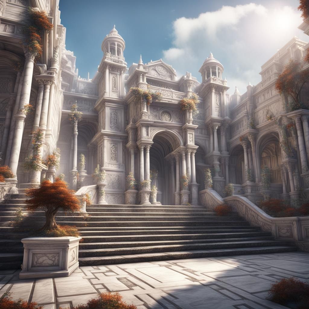 Fantasy City's White Marble Step-Well: Detailed Matte Painti...