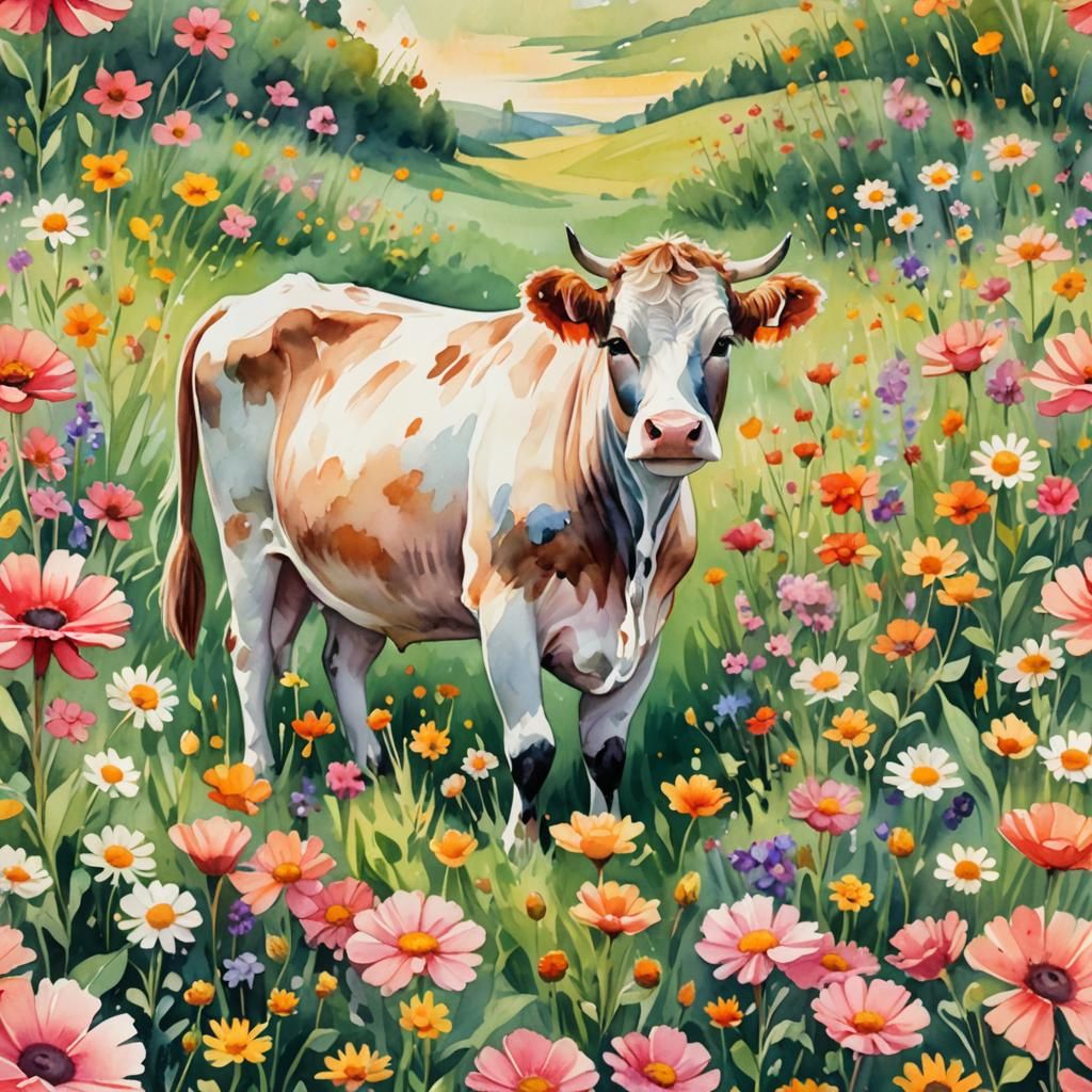 Cute Cow in Flower Field: Watercolor Illustration