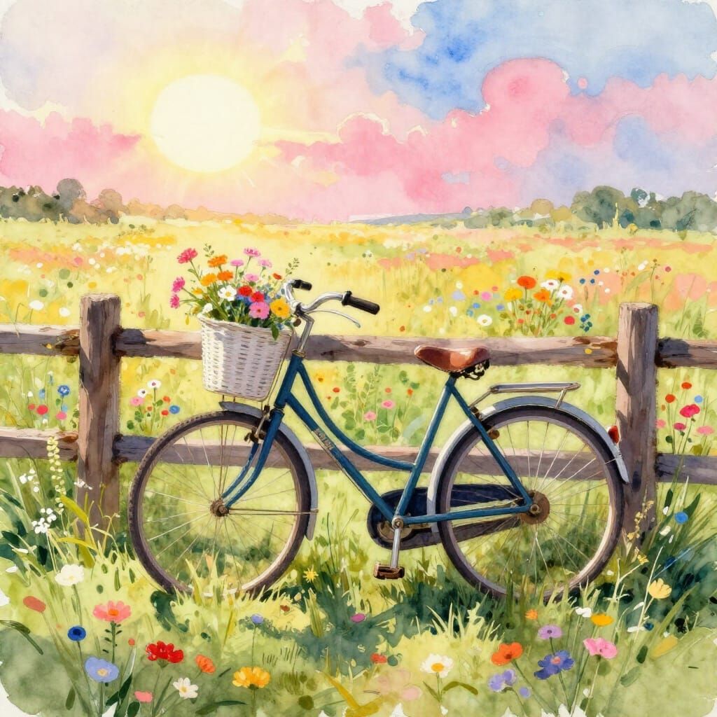 Wildflower Field with Vintage Bicycle in Watercolor Style