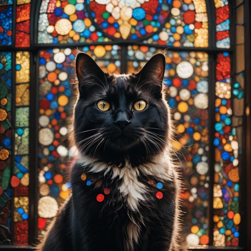 Black Cat Portrait with Rainbow Stained Glass