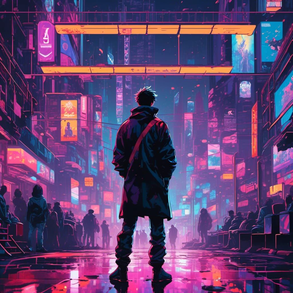 Cybernetic Man in Dystopian Neon Cityscape