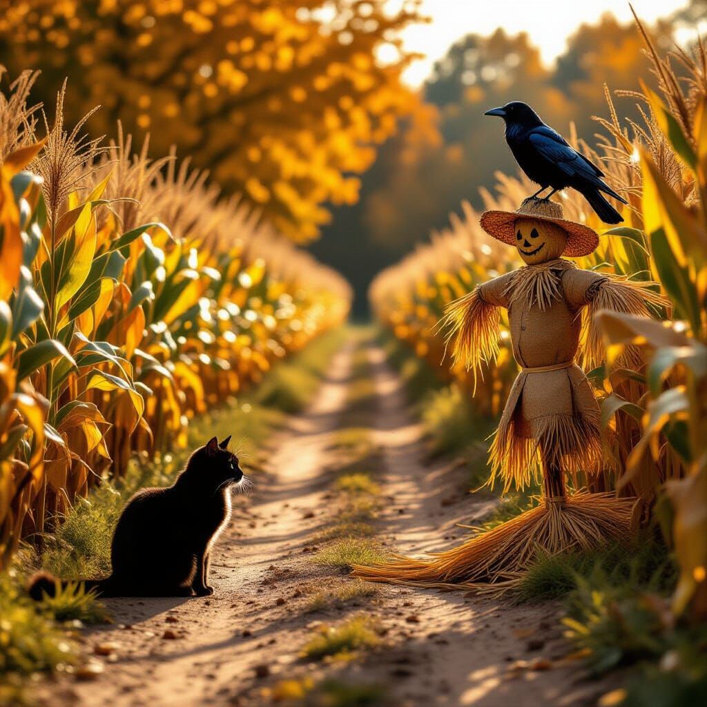 Majestic Autumn Scene with Black Cat and Raven