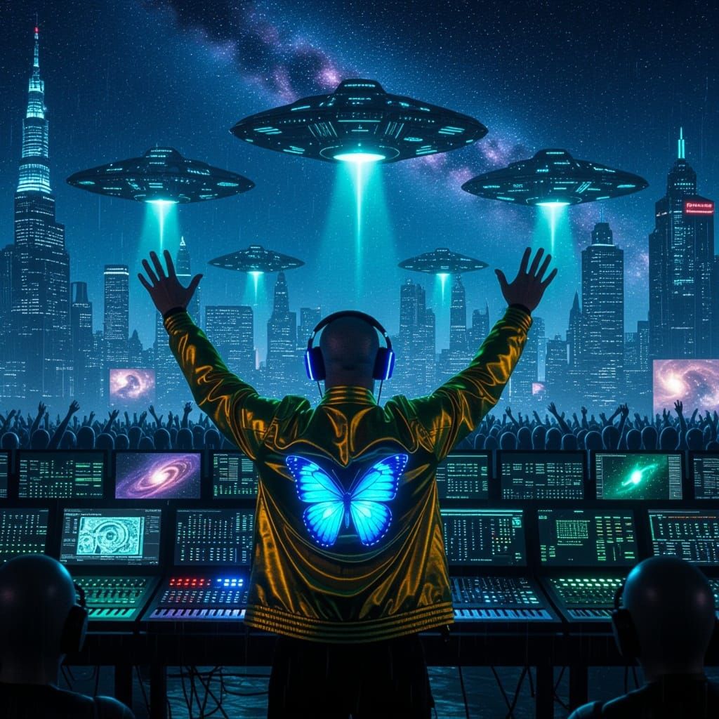 Cyberpunk Musician Performs in Neon-Lit Cityscape