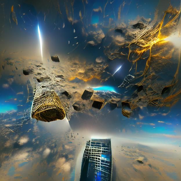Upside down skyscraper suspended from asteroid meteor in orbit Saturn space lab nebula stars trending on Artstation VRay...