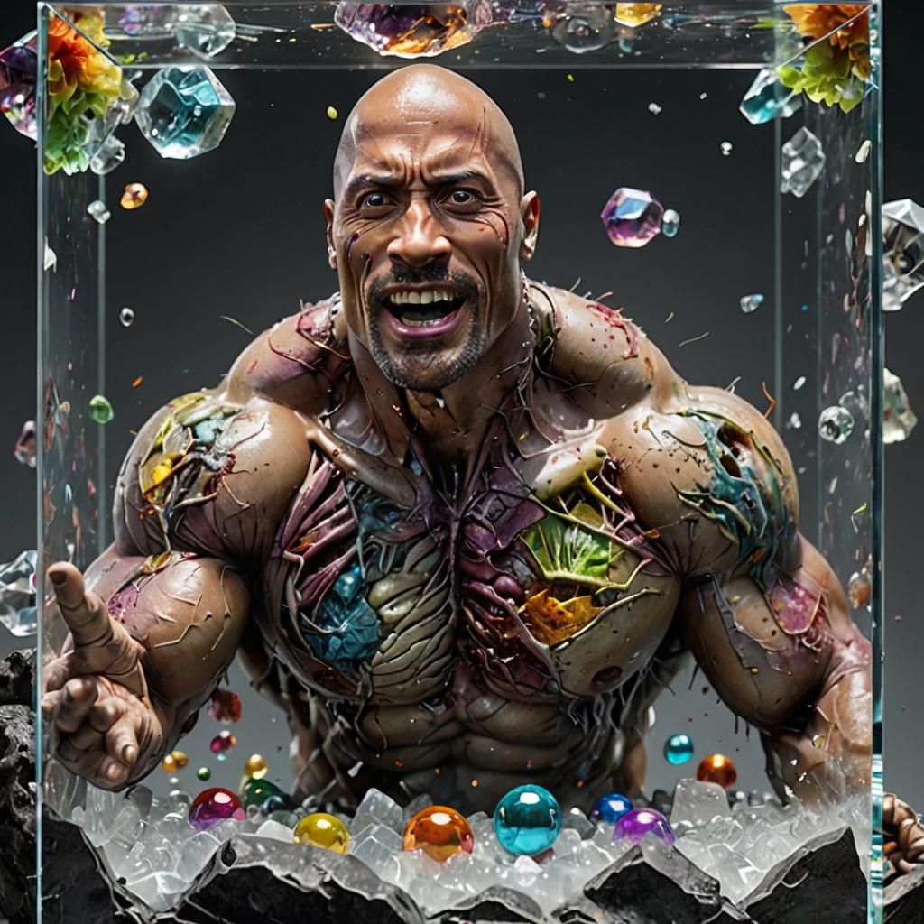 Zombie The Rock in Crystal Cube: Hyperrealistic 3D Rendering