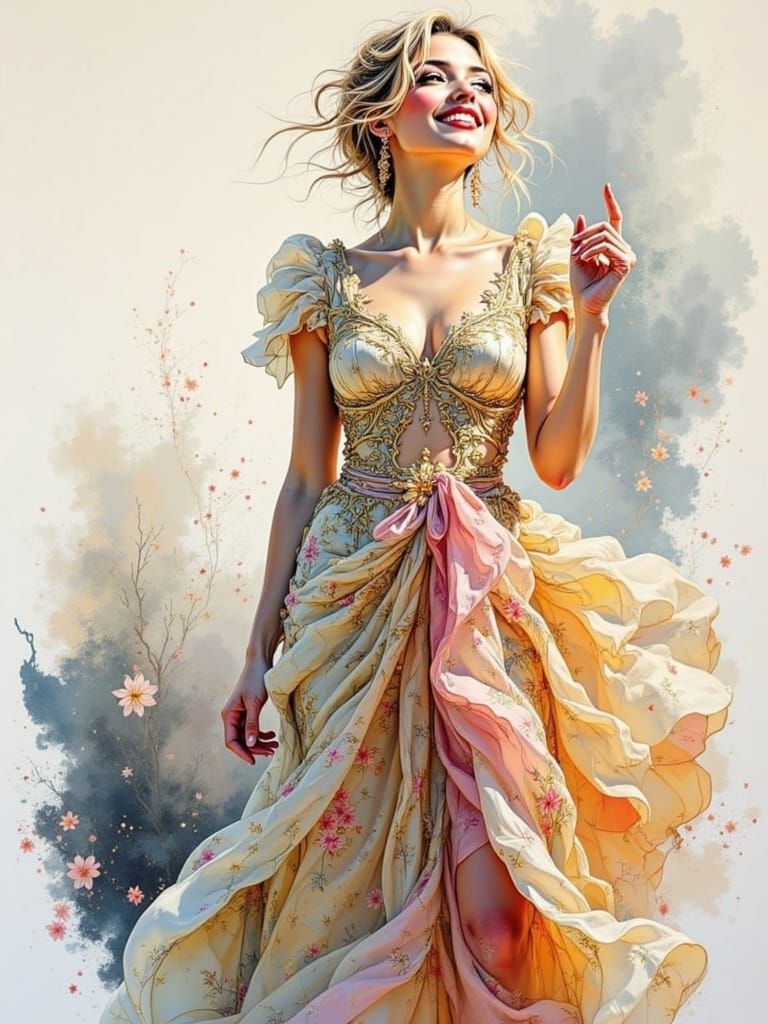 Sargent-Inspired Watercolor of Joyful Figures in Flowing Sil...