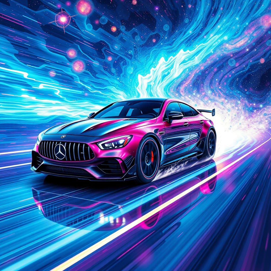 Surrealist Mercedes AMG Speeds Through Cosmic Holographic Pl...