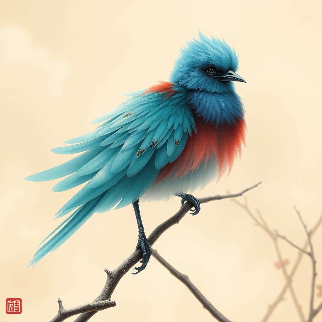 Turquoise Bird in Chinese Landscape, Watercolor Art