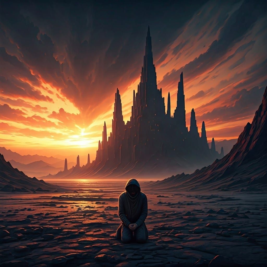 Contemplative Figure in Ruined Landscape at Sunset