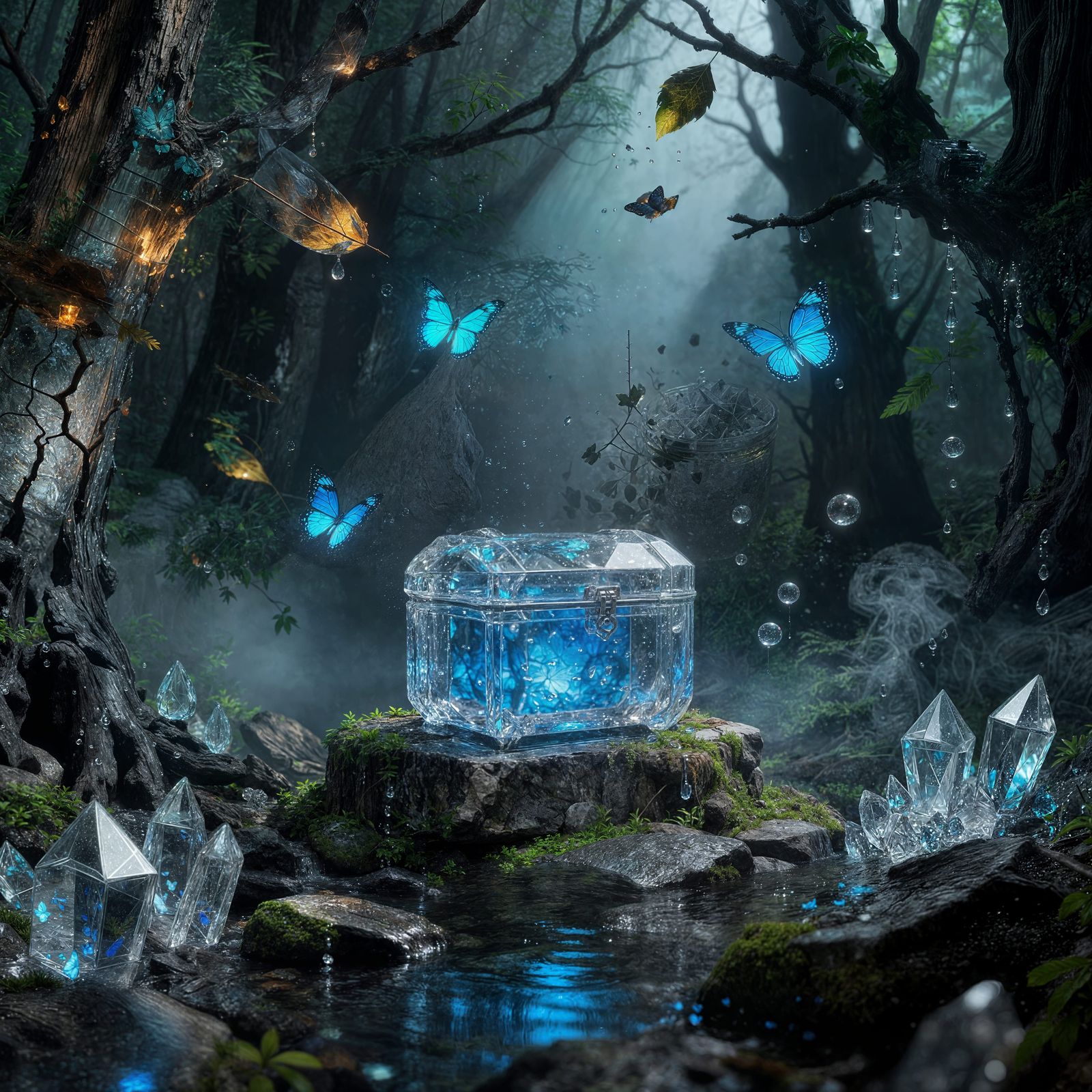 Crystal Chest with Blue Butterflies in Enchanted Forest