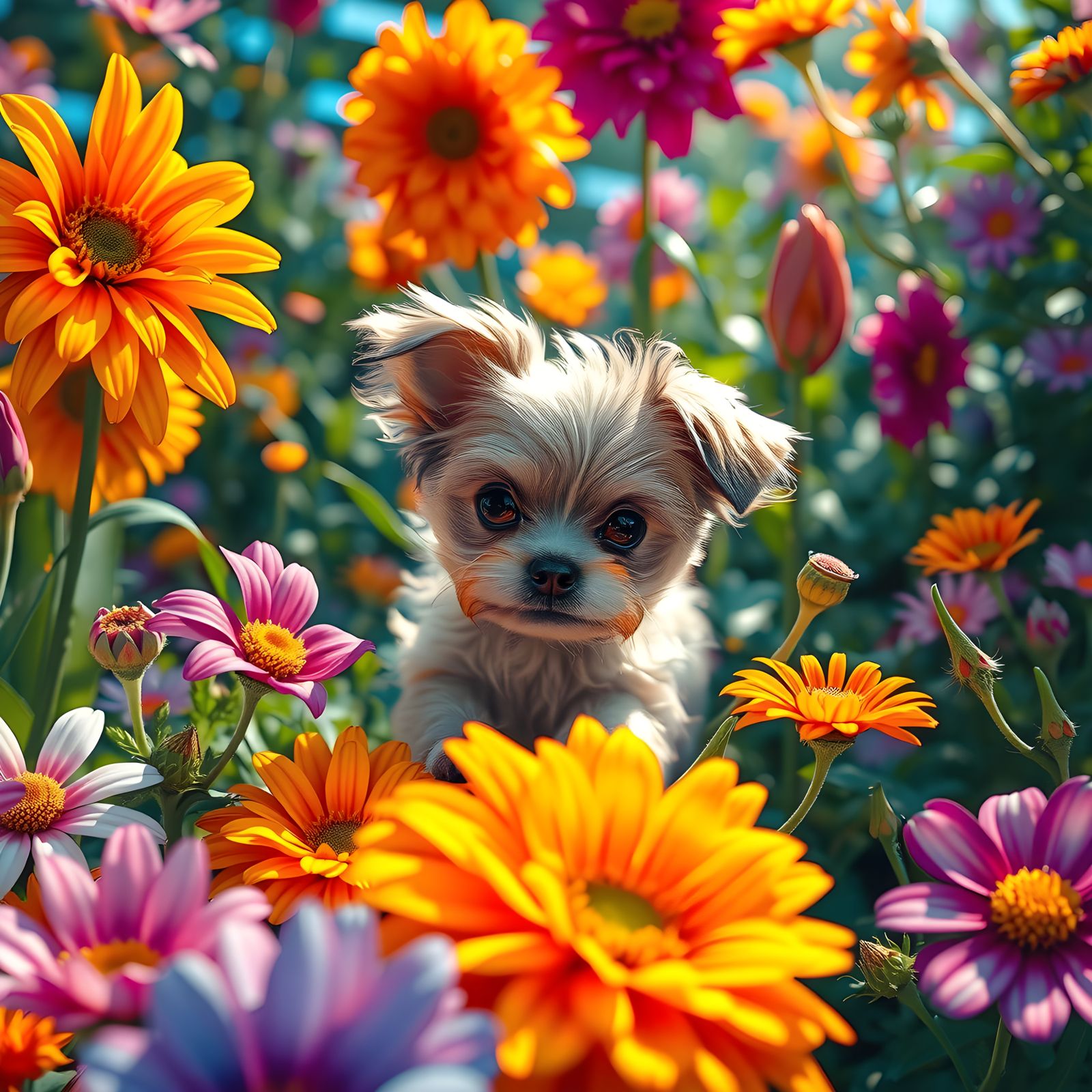 Cute Dog in Flower Garden: Detailed Matte Painting