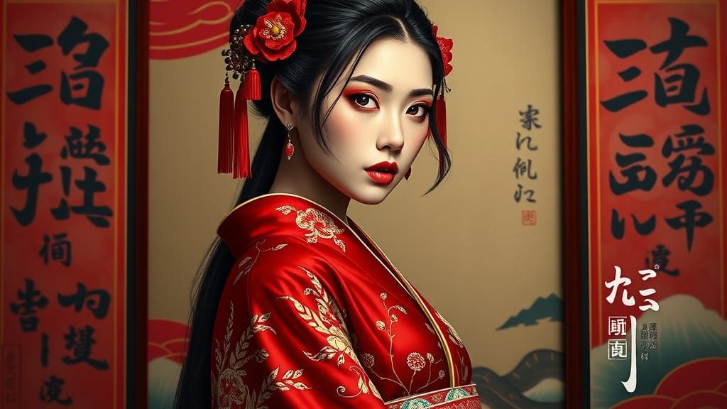 East Asian Woman in Kimono: Hyperrealistic Digital Portrait