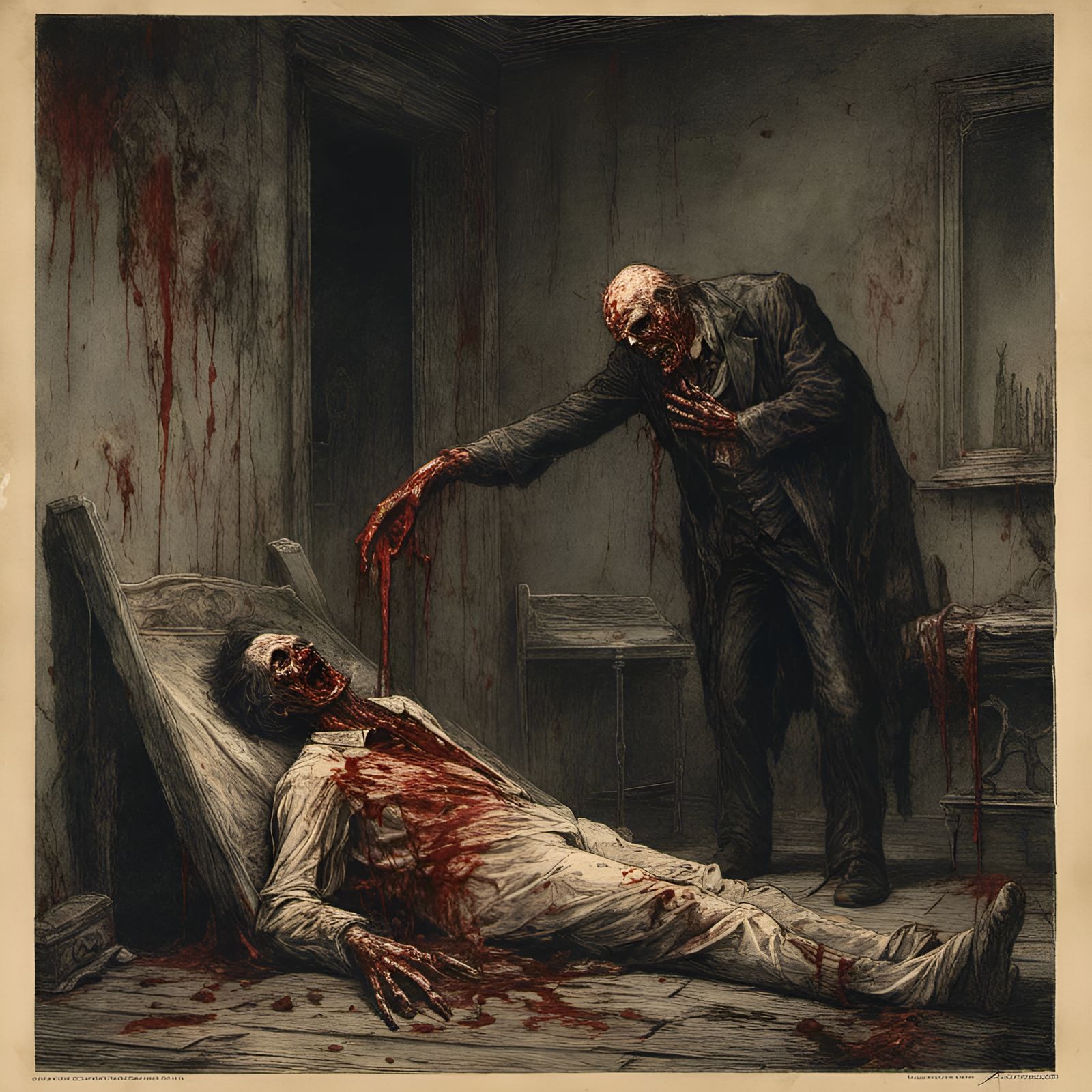 Rotting Zombie Cannibalism in Macabre Horror Illustration