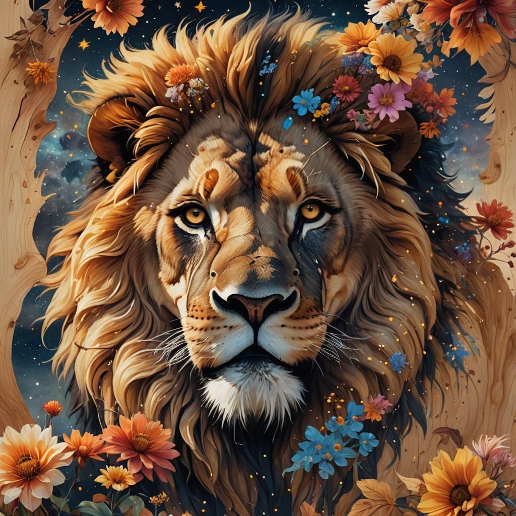 Lion Double Exposure: Savannah and Starry Night