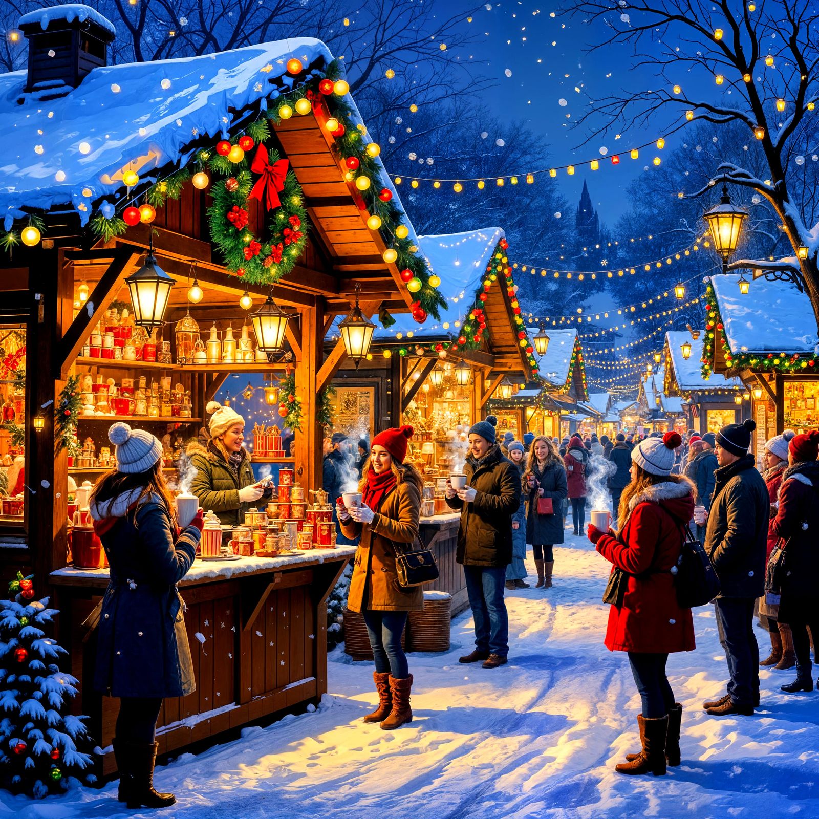Cozy Christmas Market Scene With Hot Chocolate