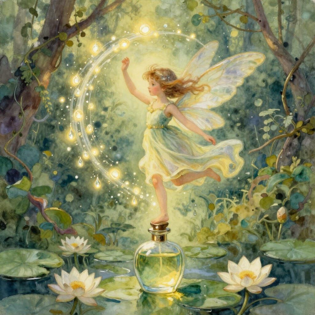 Ethereal Fairy Twirling in Perfume Droplets