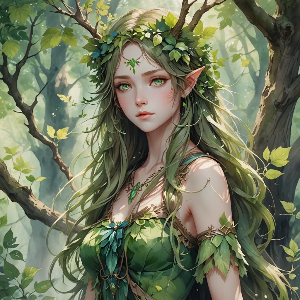 Watercolor Dryad with Long Hair and Green Eyes