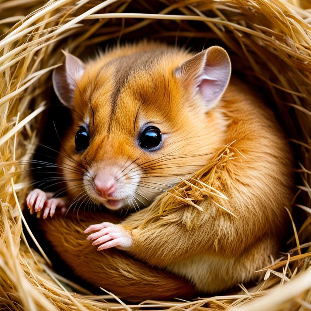 Sleeping Hazel Dormouse in Hay Nest