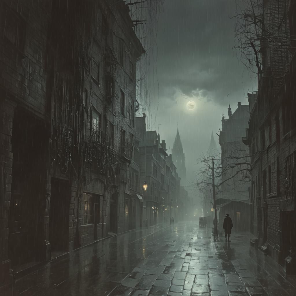 Horror Cityscape in Rain and Fog