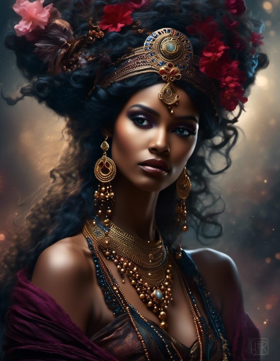 Beautiful Dark Female Genie in Folklore Style