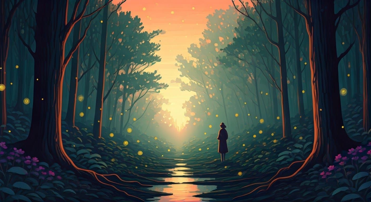 Mysterious Figure in Misty Forest with Fireflies