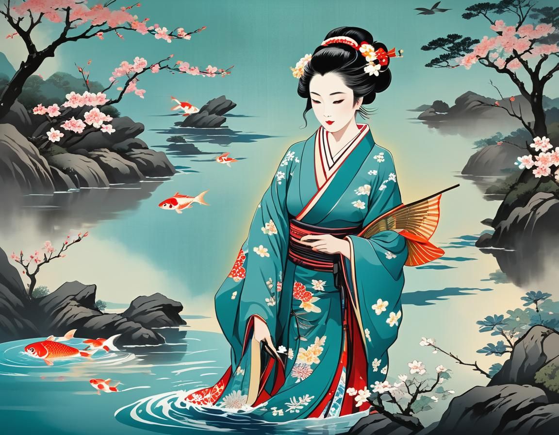 Ukiyo-e Style Double Exposure with Kimono Lady