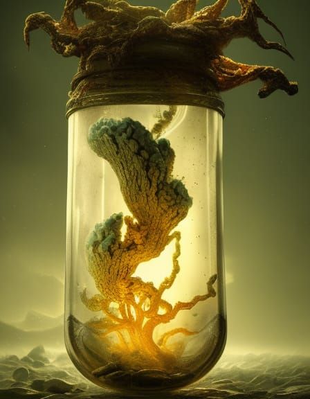Bioluminescent Mushroom in a Bottle: Digital Concept Art