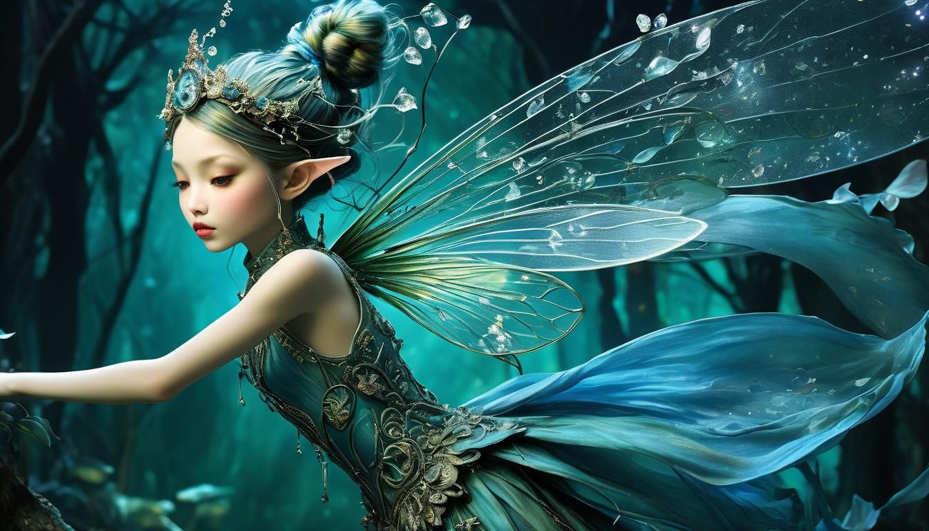 Ethereal Wind Fairy in a Vibrant, Iridescent Forest