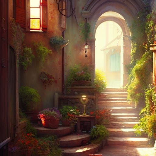 Italian Alleyway with Red Door in Impasto Oil Painting