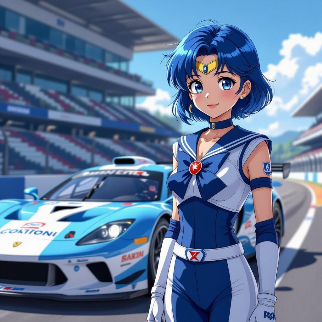 Sailor Mercury in Racing Outfit with Car