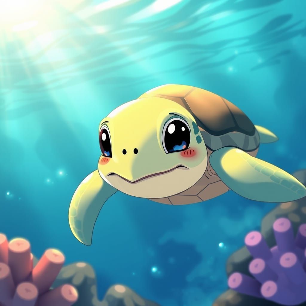 Cute Baby Turtle Smiling in the Ocean Anime Art
