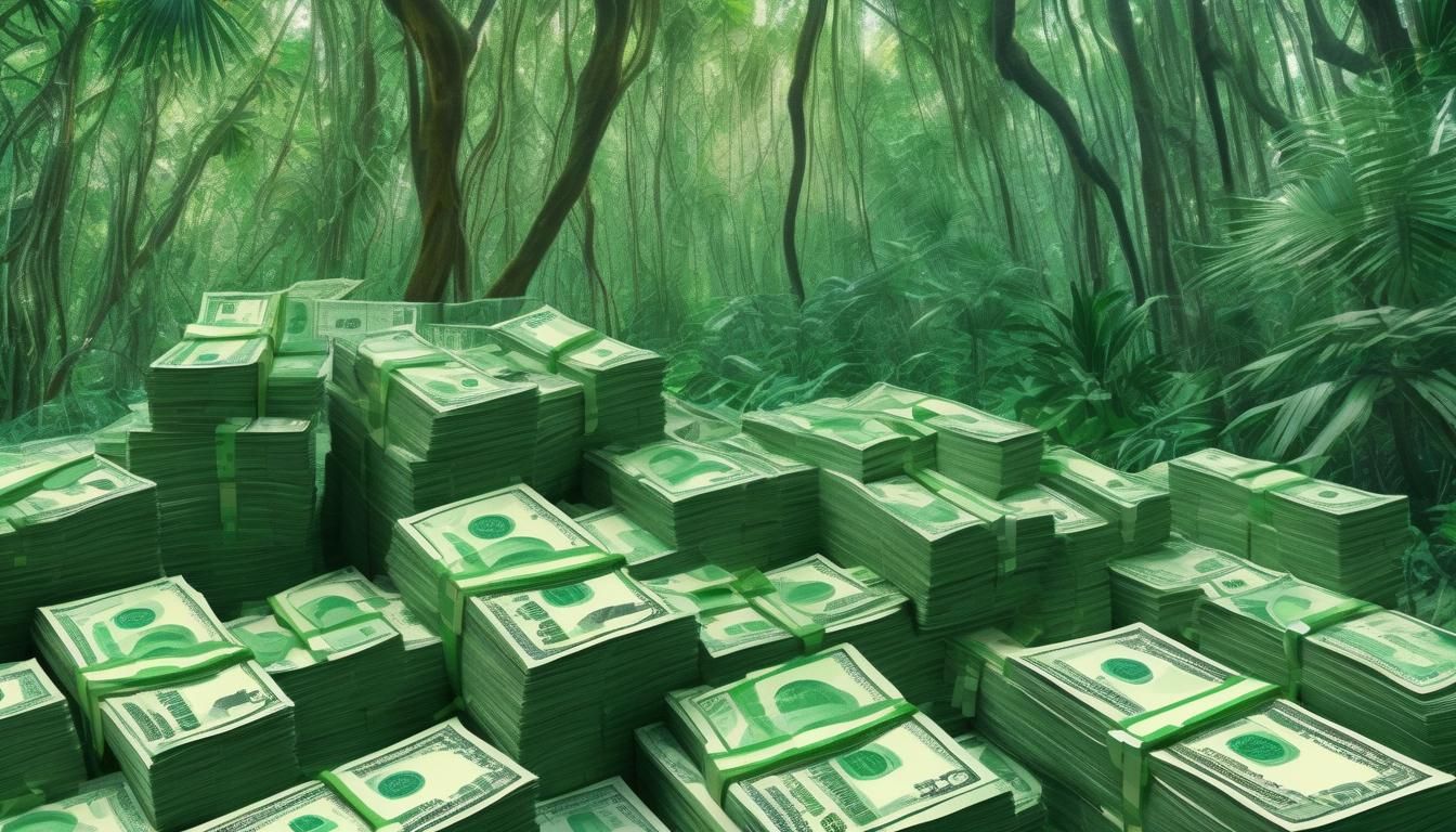 trees made of money, tropical jungle made out of money, lush jungle trees made of stacks of dollar bills, trees are made...