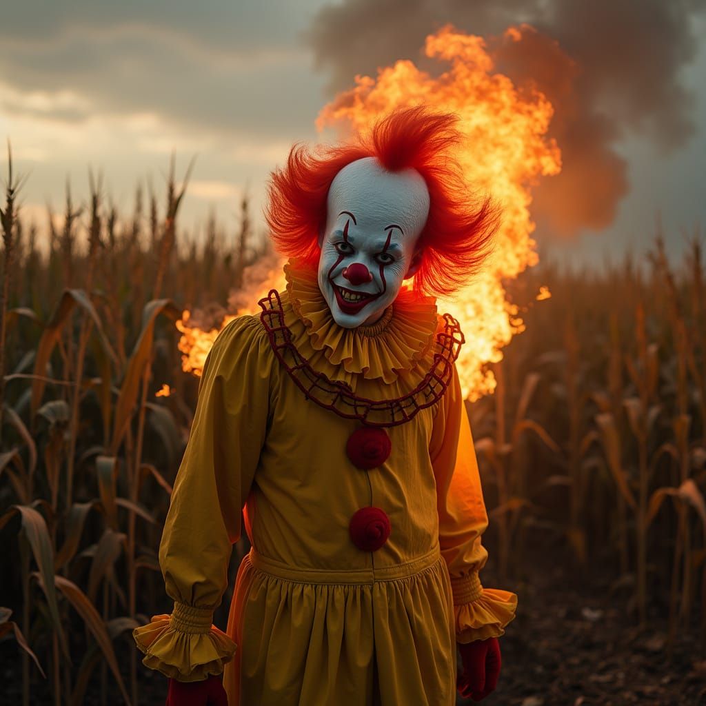 Clown Ablaze in Cornfield: A Surreal Image