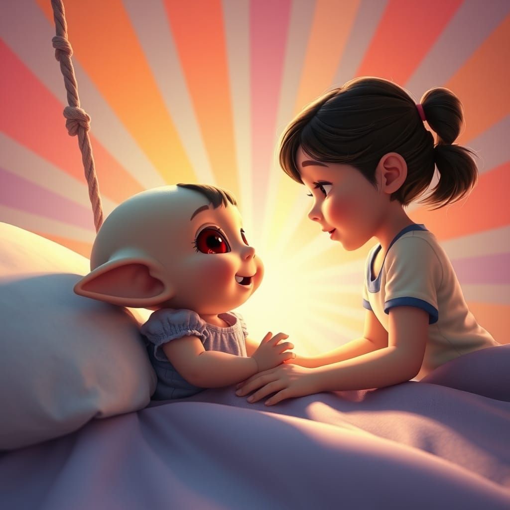 Girl and Alien Baby in 3D Animation Style