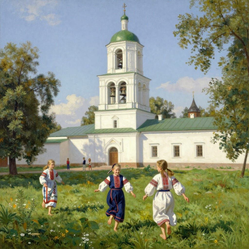 Moscow Courtyard with Bell Tower by Children Playing
