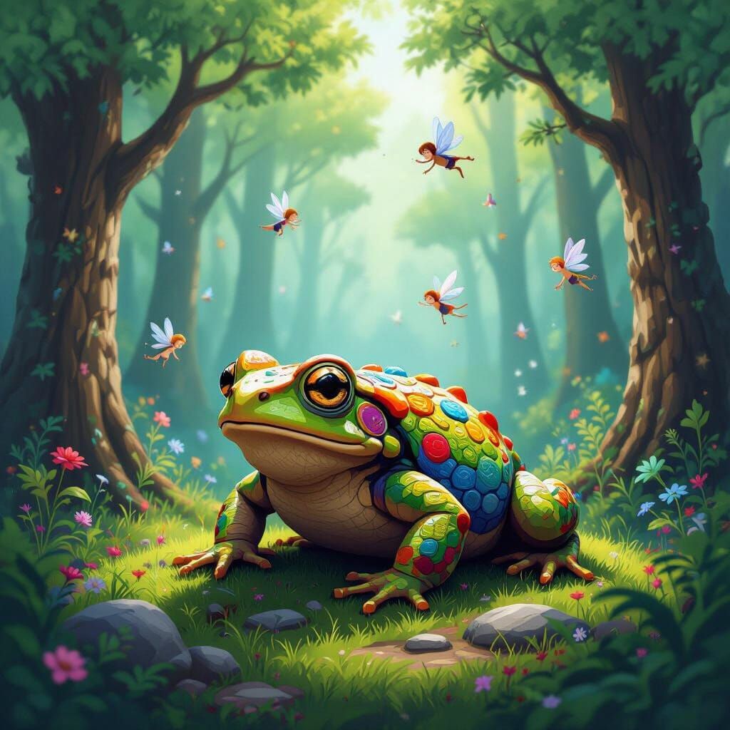 Psychedelic Forest with Colorful Toad and Flying Pixies