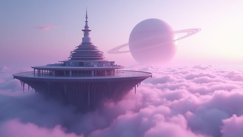 Elegant Floating City Building Basks in Purple Gravity Orb