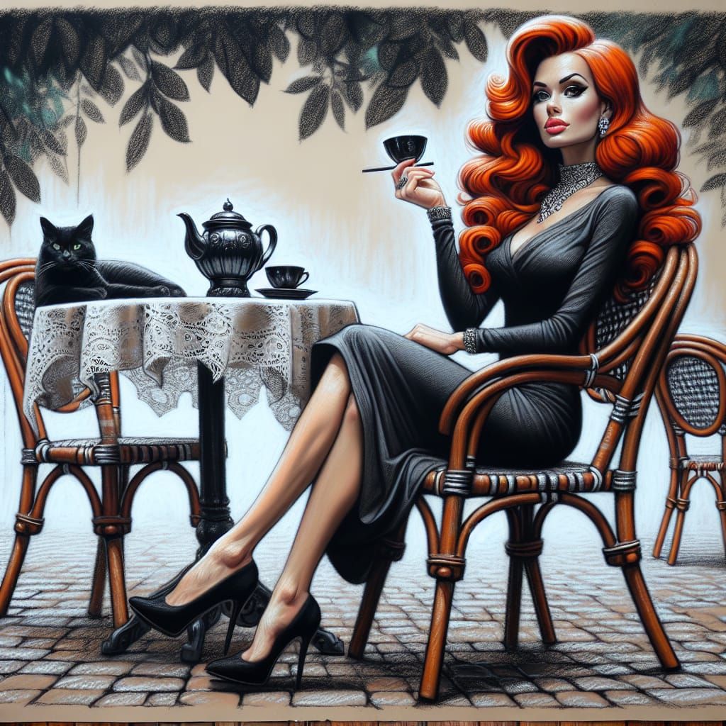 Detailed Charcoal Drawing: South Asian Woman in Cafe