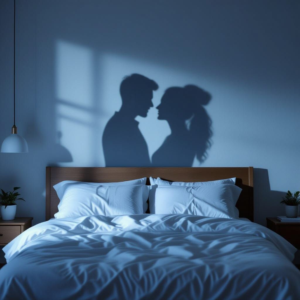 Romantic Lovers' Shadow on Bed, Dark Bedroom Scene