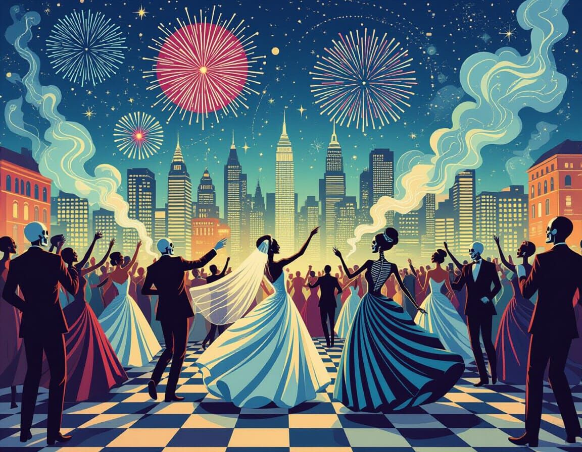 Skeletons and Ghosts Dance in Festive Vector Art