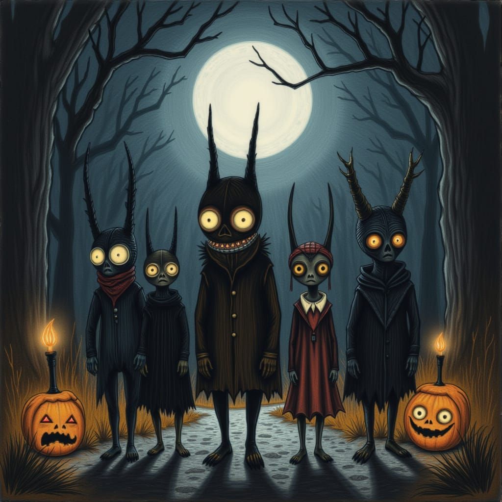 Eerie Trick-or-Treaters Silhouetted Against Full Moon