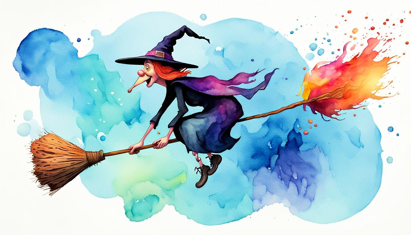 Whimsical Witch Flying on Broomstick in Watercolor Style