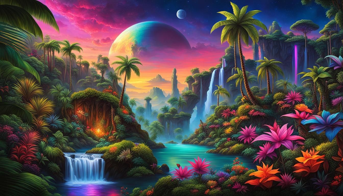 Lush Tropical Dreamscape with Neon Colors