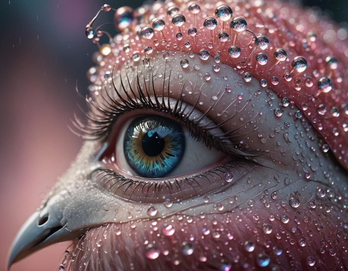 Moonlit Bird with Rainbow Dew Drops: Macro Photograph