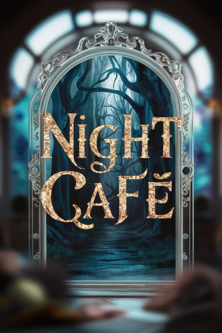 Night Café Book Cover with Magical Forest Scene