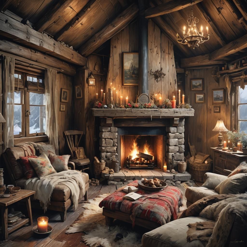 Cozy Cabin Interior in Detailed Matte Painting Style