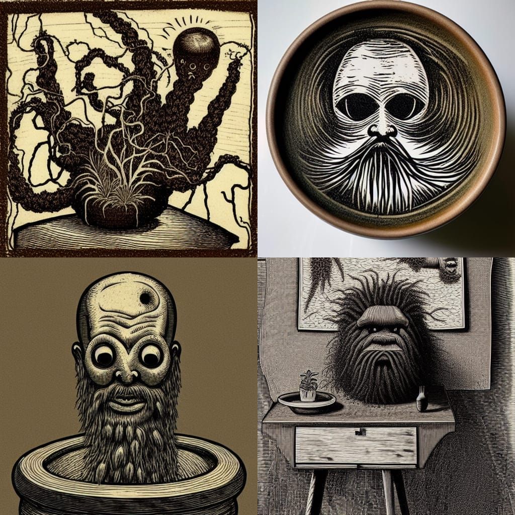 Earthenware Pot with Hairy Mandragora in Woodcut Style