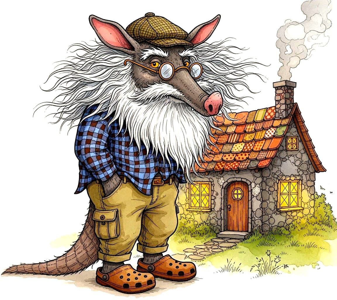 Whimsical Aardvark Outside Rustic Cottage, 3D Quilted Style