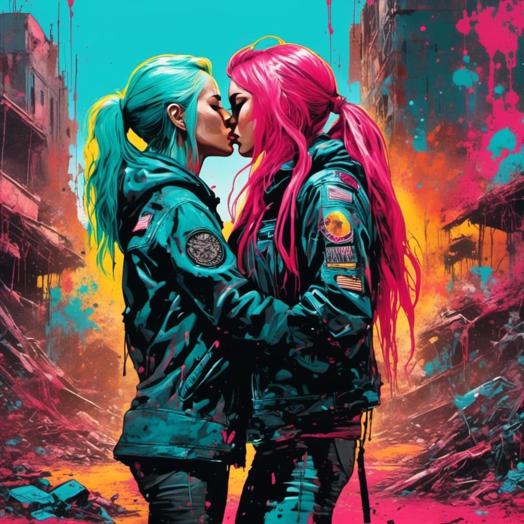 Cyberpunk Graffiti Kiss in Wasteland Future